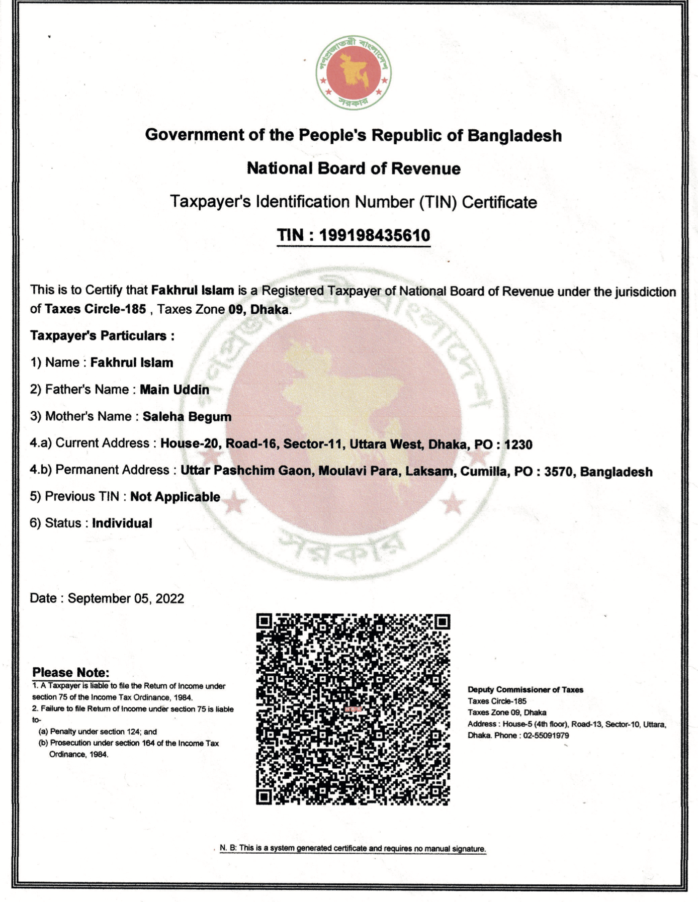 Taxpayer Identification Certificate